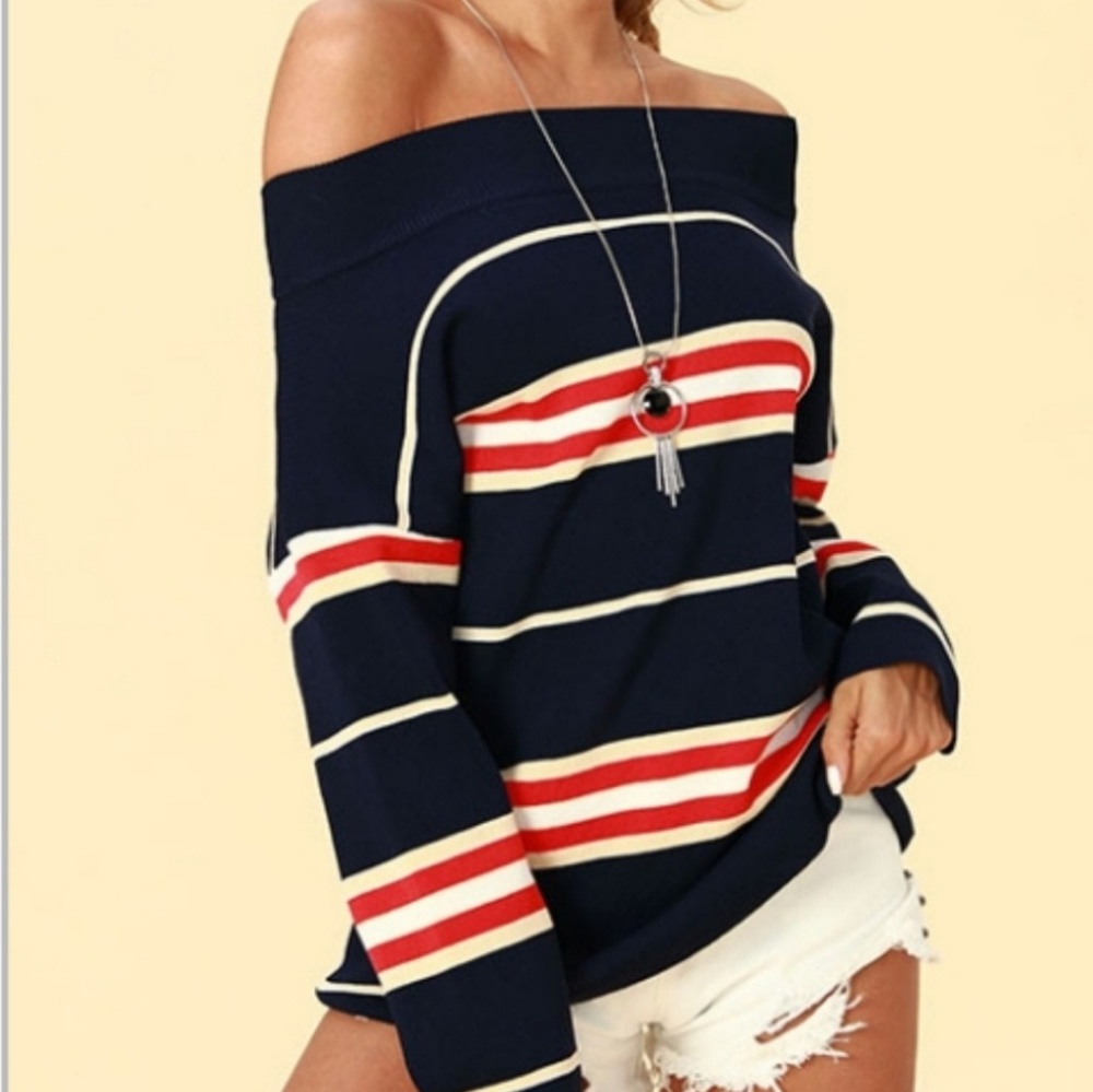 Striped Oversized Sweater Nautical Navy and Red - Picture 3 of 7